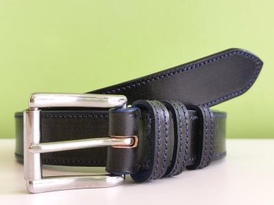 Border Belt in Black and Blue, Stainless Steel Roller Buckle