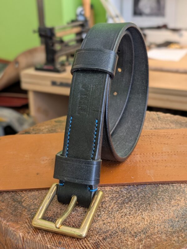 Belt - All Black Devon Leather with Turquoise Stitch, Classic 26 - standing