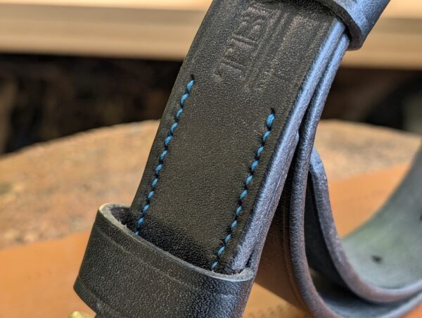 Belt - All Black Devon Leather with Turquoise Stitch, Classic 26 - standing - stitching close up