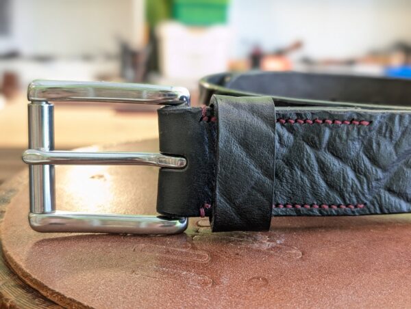 Belt - Black Elephant Print Ware Leather, Classic in stock 34 - Belt - Black Elephant Print Ware Leather, Classic in stock 34 - buckle and red thread