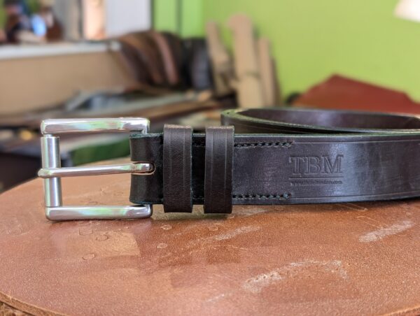 Belt - Sedgwick Dark Havana Brown Leather, Classic, in stock 40 with Aqua Green Trims - buckle end