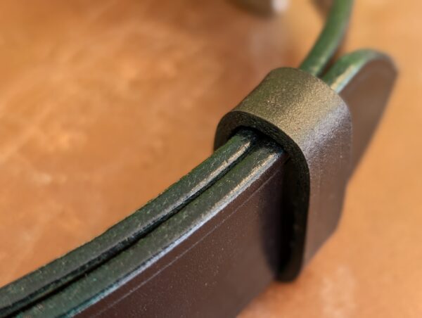 Belt - Sedgwick Dark Havana Brown Leather, Classic, in stock 40 with Aqua Green Trims - edge close up