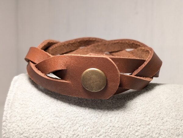 Plaited Handmade Leather Bracelet by MJL - Dark Tan 20cm fastening
