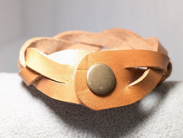 Plaited Handmade Leather Bracelet by MJL - Light Tan 20cm - fastening