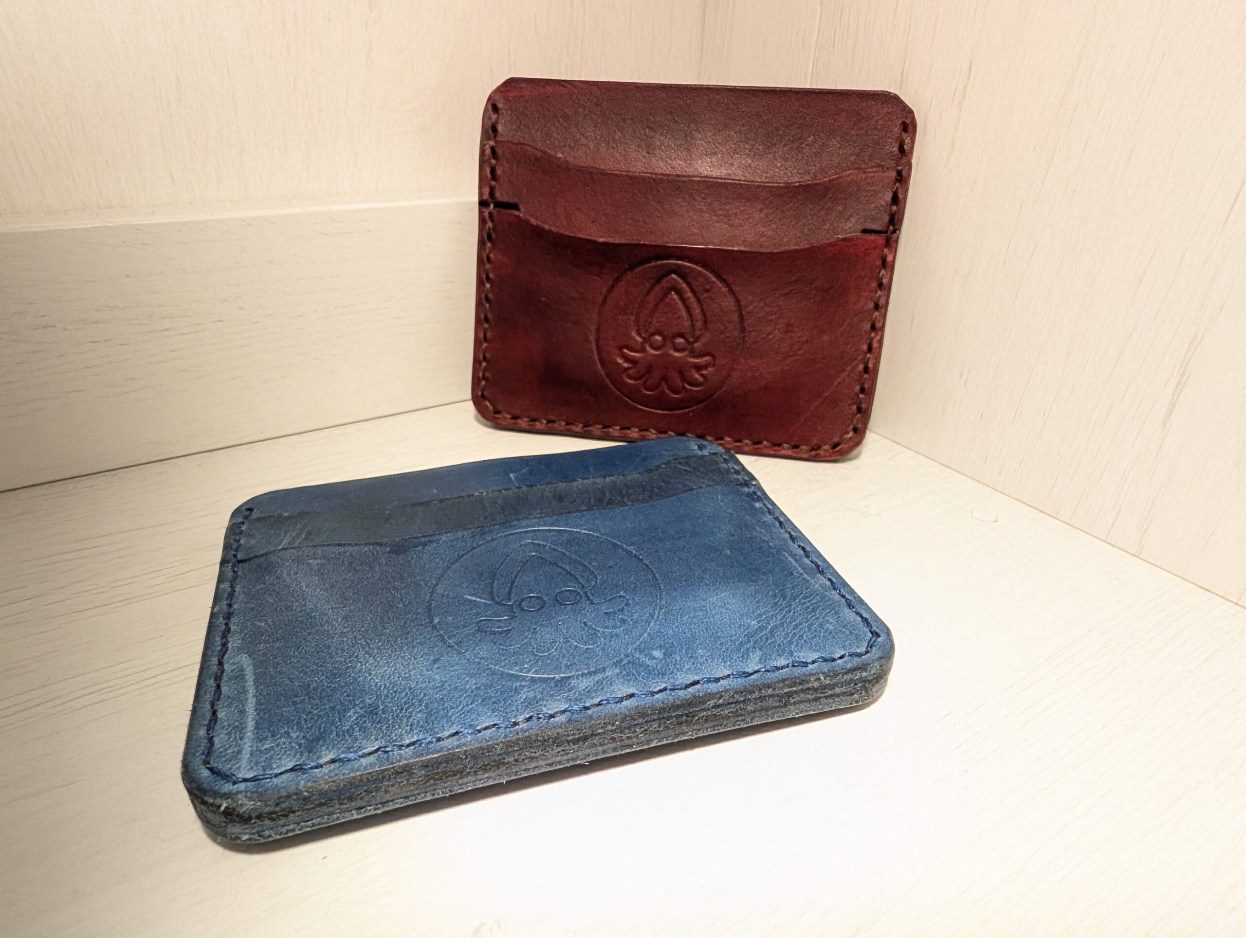 Card Slip - Hand made in leather, light blue and burgundy