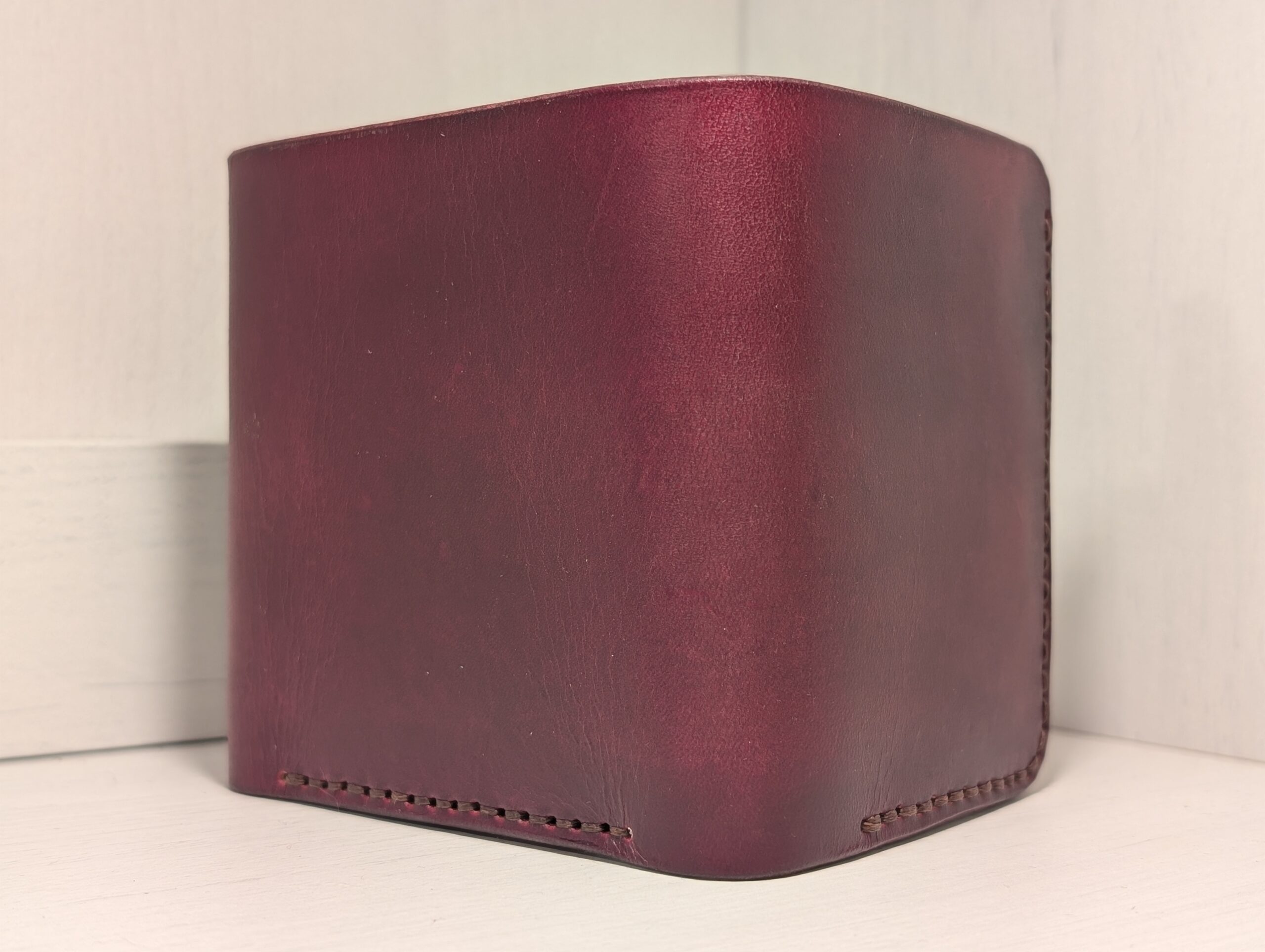 Wallet - Trifold in Leather by Be Savage Crafted - left front and back - Burgundy with dark brown stitching
