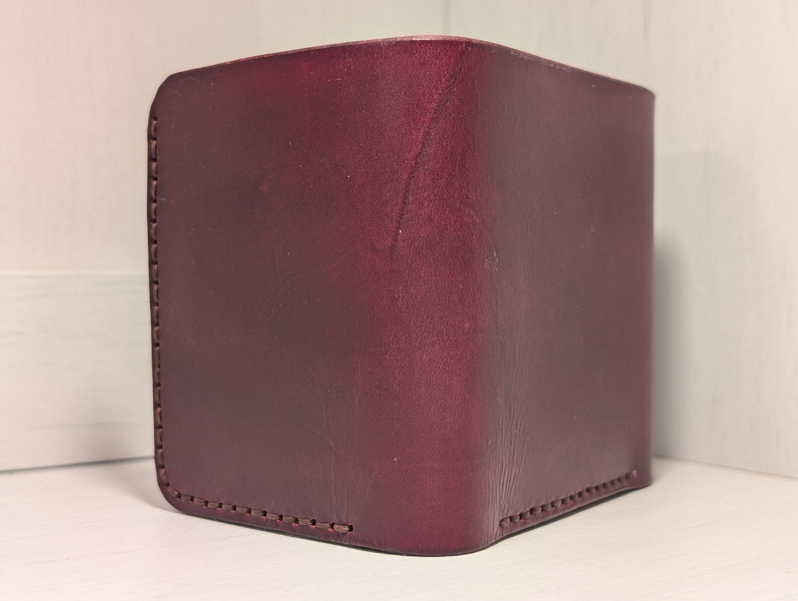 Wallet - Trifold in Leather by Be Savage Crafted - right front and back - Burgundy with dark brown stitching