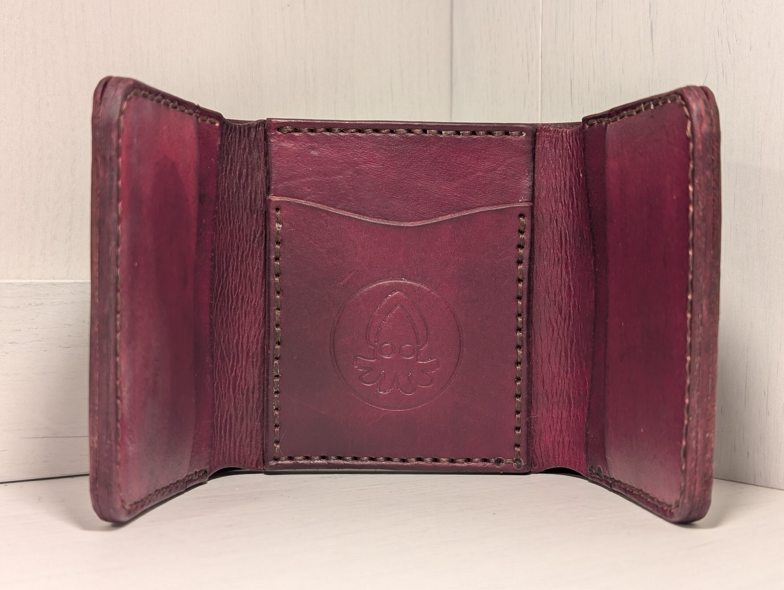 Wallet - Trifold in Leather by Be Savage Crafted - inside - Burgundy with dark brown stitching
