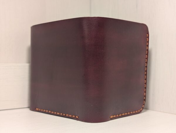 Wallet - Trifold in Leather by Be Savage Crafted - left front and back - Burgundy with light brown stitching