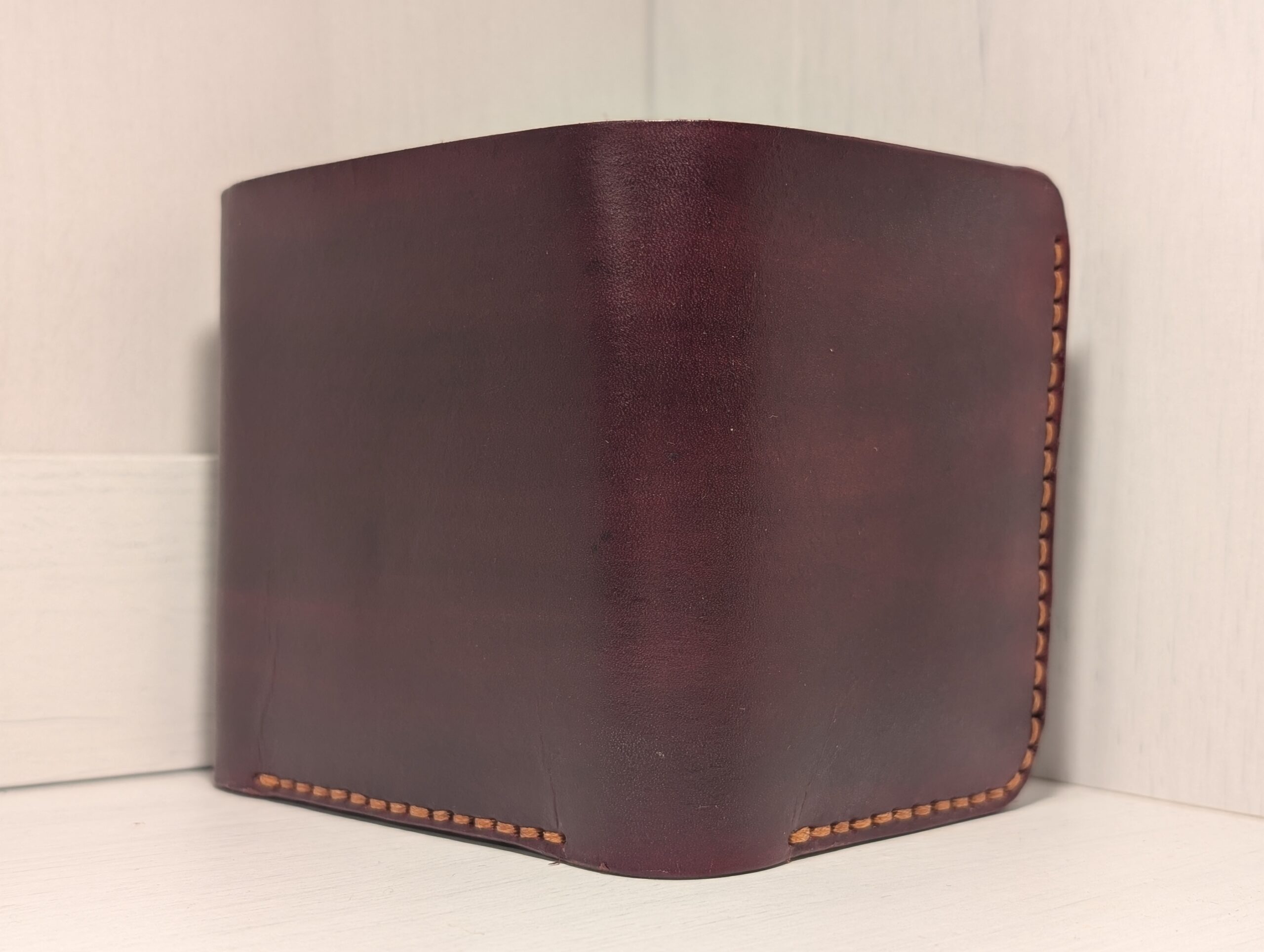 Wallet - Trifold in Leather by Be Savage Crafted - left front and back - Burgundy with light brown stitching