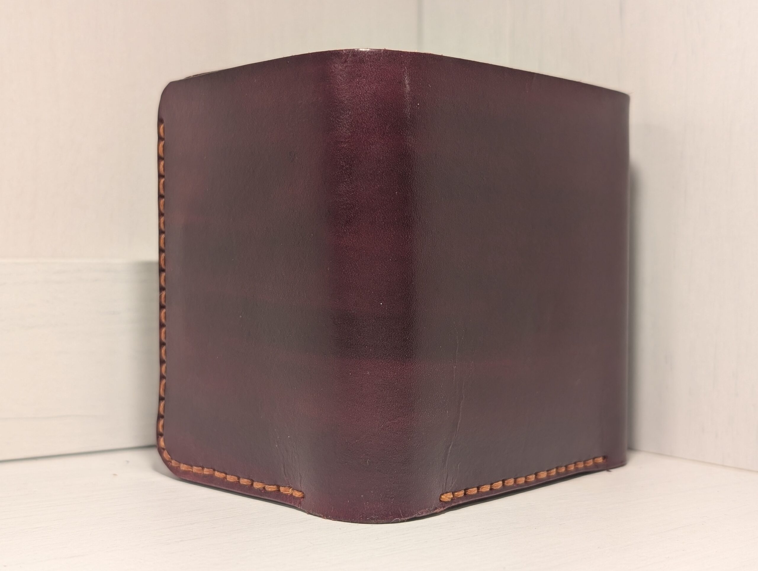 Wallet - Trifold in Leather by Be Savage Crafted - right front and back - Burgundy with light brown stitching
