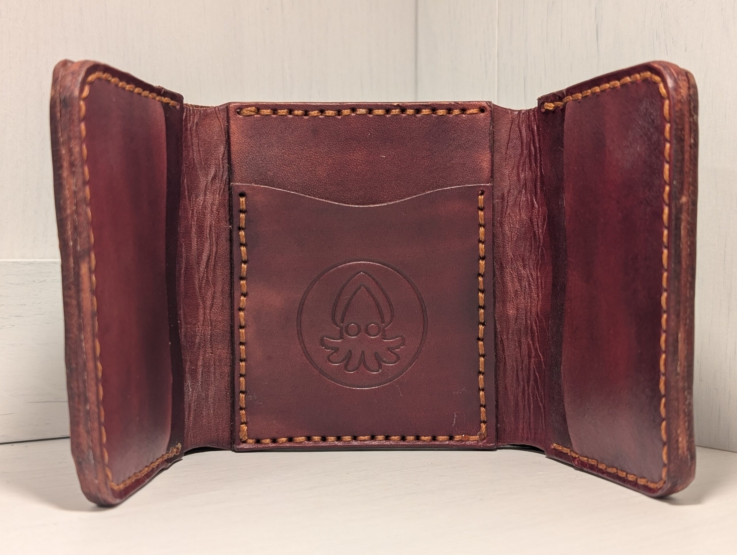 Wallet - Trifold in Leather by Be Savage Crafted - inside - Burgundy with light brown stitching
