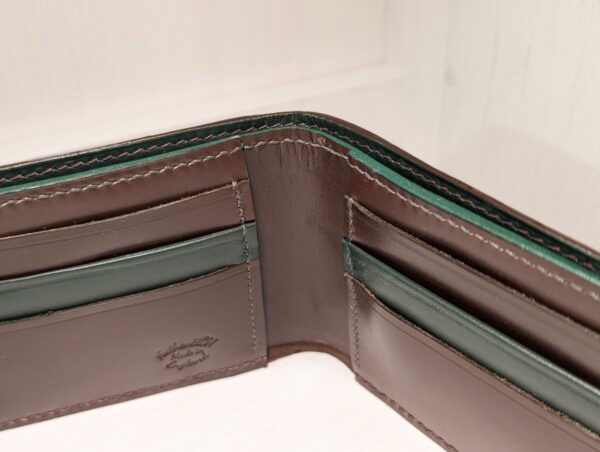 Luxury Brown and Green Handmade Leather Wallet by Catalin Neagu - green trim detail
