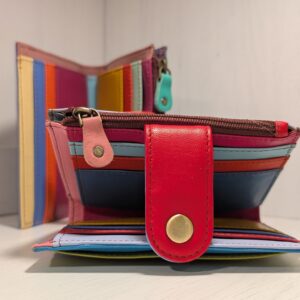 Purse for Notes, Cards and Coins in Multicoloured Recycled Leather - tab