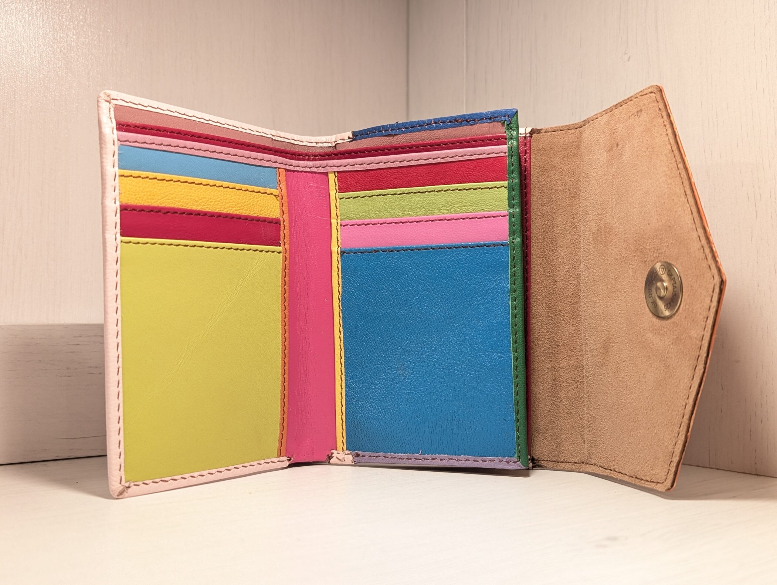 Flap Purse for Notes, Cards and Coins in Multicoloured Recycled Leather from Paper High Fair Trade - inside