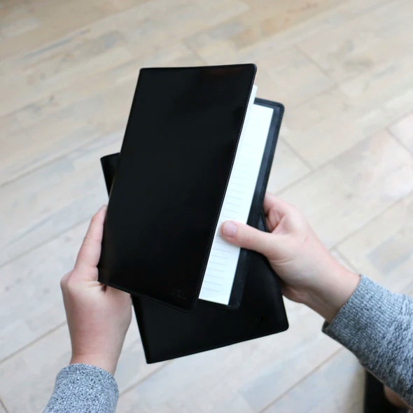 Notebook - A5 Leather Covered, Refillable, in Black - lifestyle