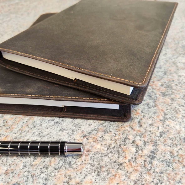 Notebook - A5 Leather Covered, Refillable, in Brown - lifestyle